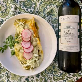 Chicken Enchiladas with a Tomatillo Sauce Paired with Gavi