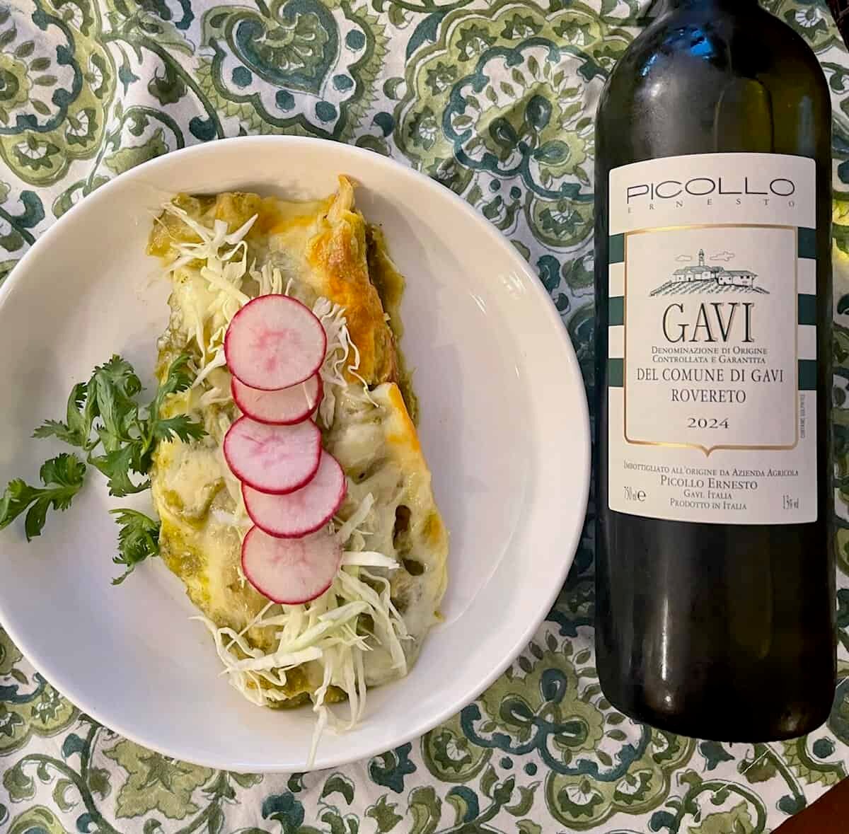 Chicken Enchiladas and Tomatillo Sauce Paired with Gavi